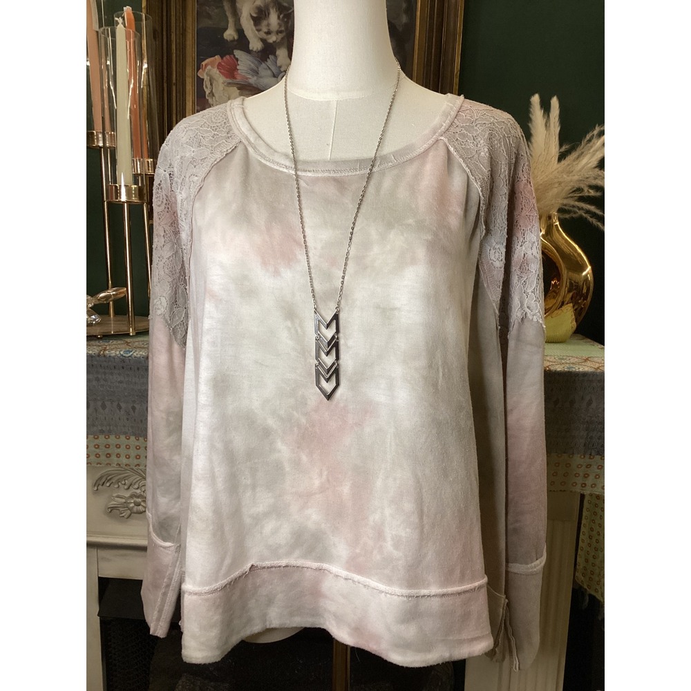 New Directions Studio Womens 1X Tie Dye Lace Shoulder French Terry Top Pink Grey